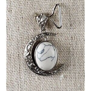 Vtg Signed CU Silvertone Crescent White Howlite w/Dangle White Howlite Pendant